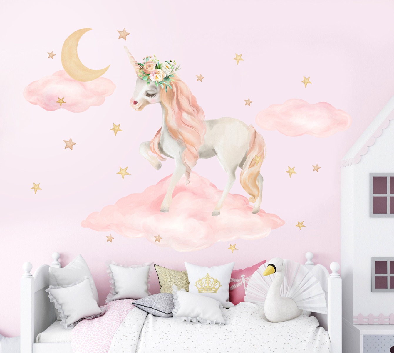 Wandtattoo - Einhorn in Wolken mit Blumen