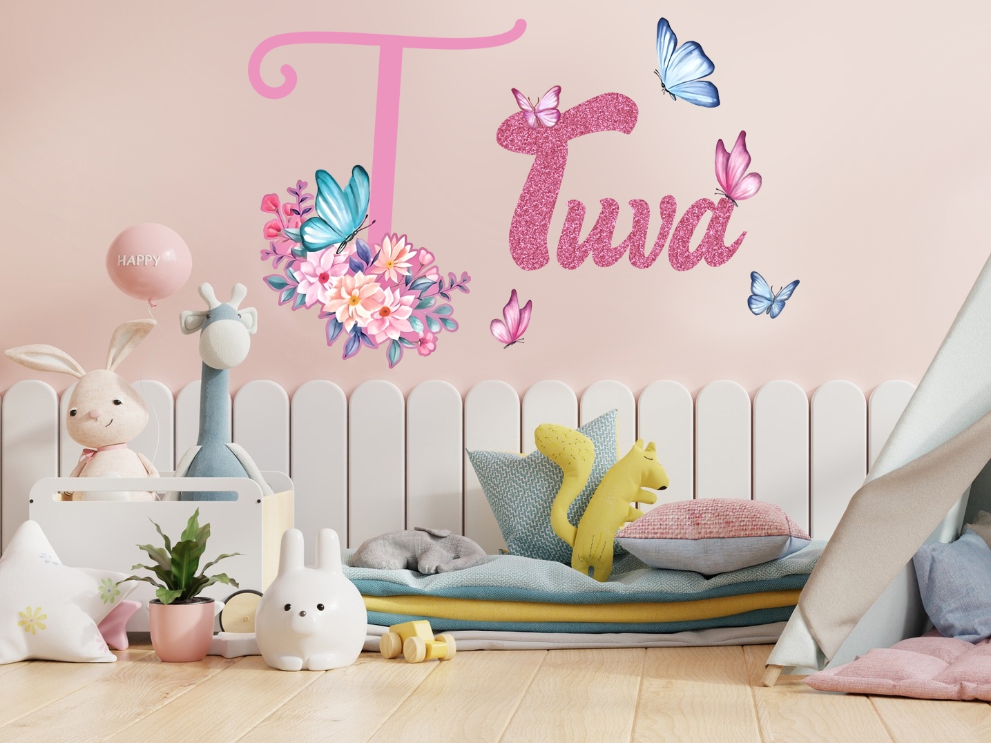 Wandsticker - Blumen und Schmetterling / Personalisiert