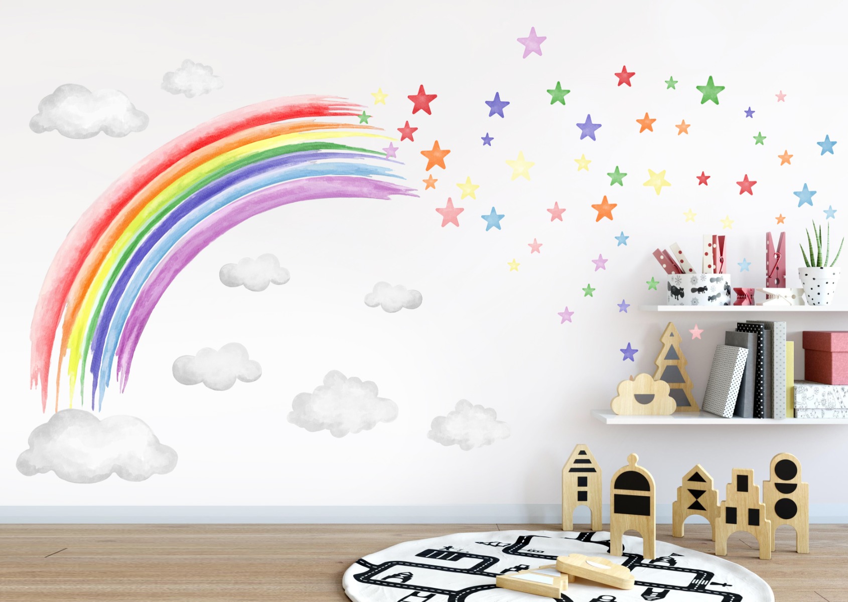 Wandaufkleber – Atemberaubender Regenbogen und Sterne