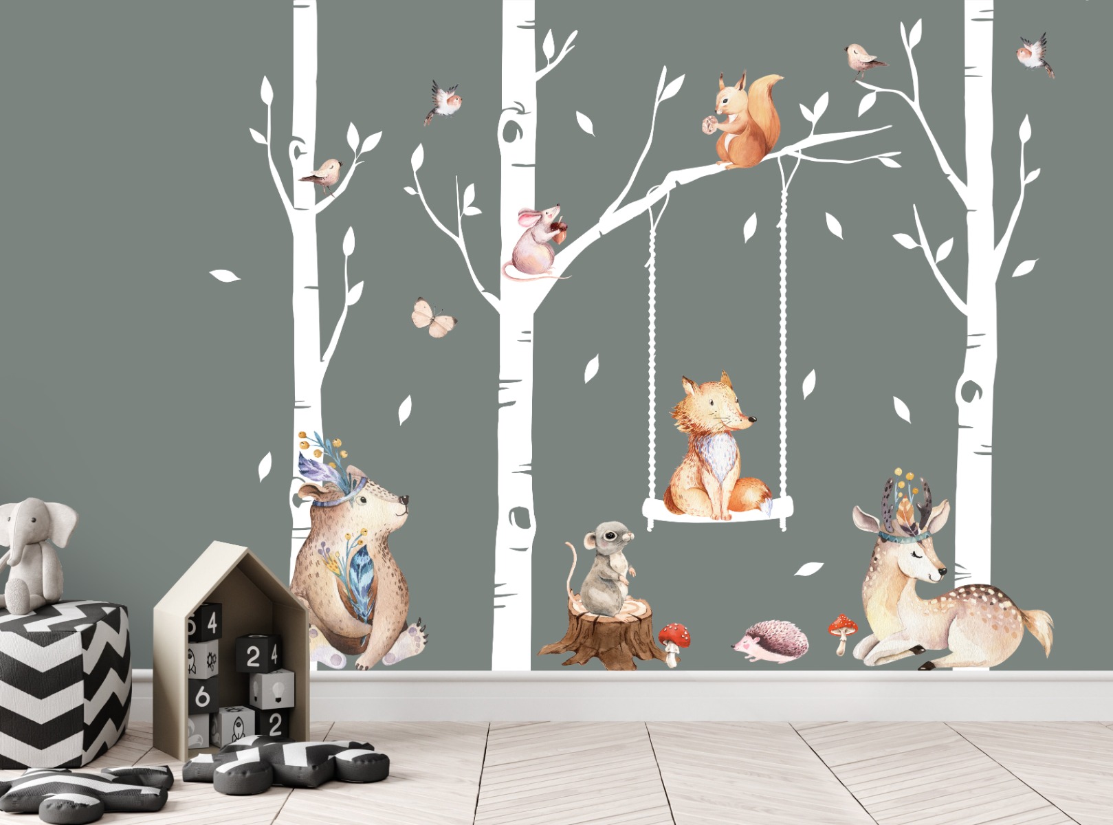 Wandtattoo – Tiere in Baum und Schaukel / Weiß