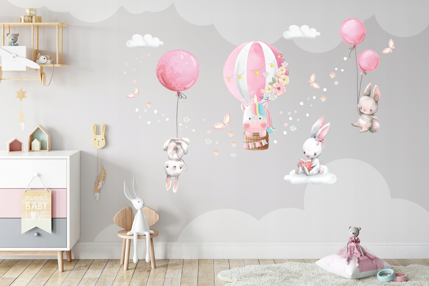 Wandtattoo - Einhorn und Hasen mit Luftballons