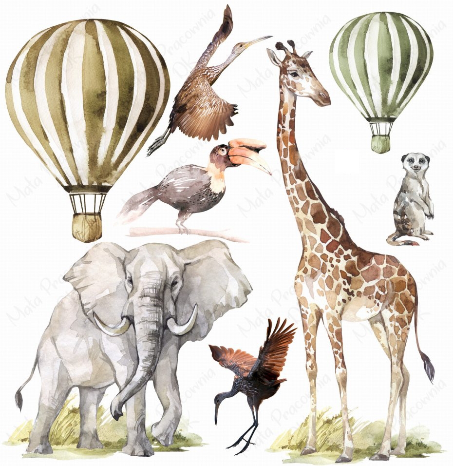 Wandtattoo - Savanne Afrika Elefant, Giraffe, Luftballon