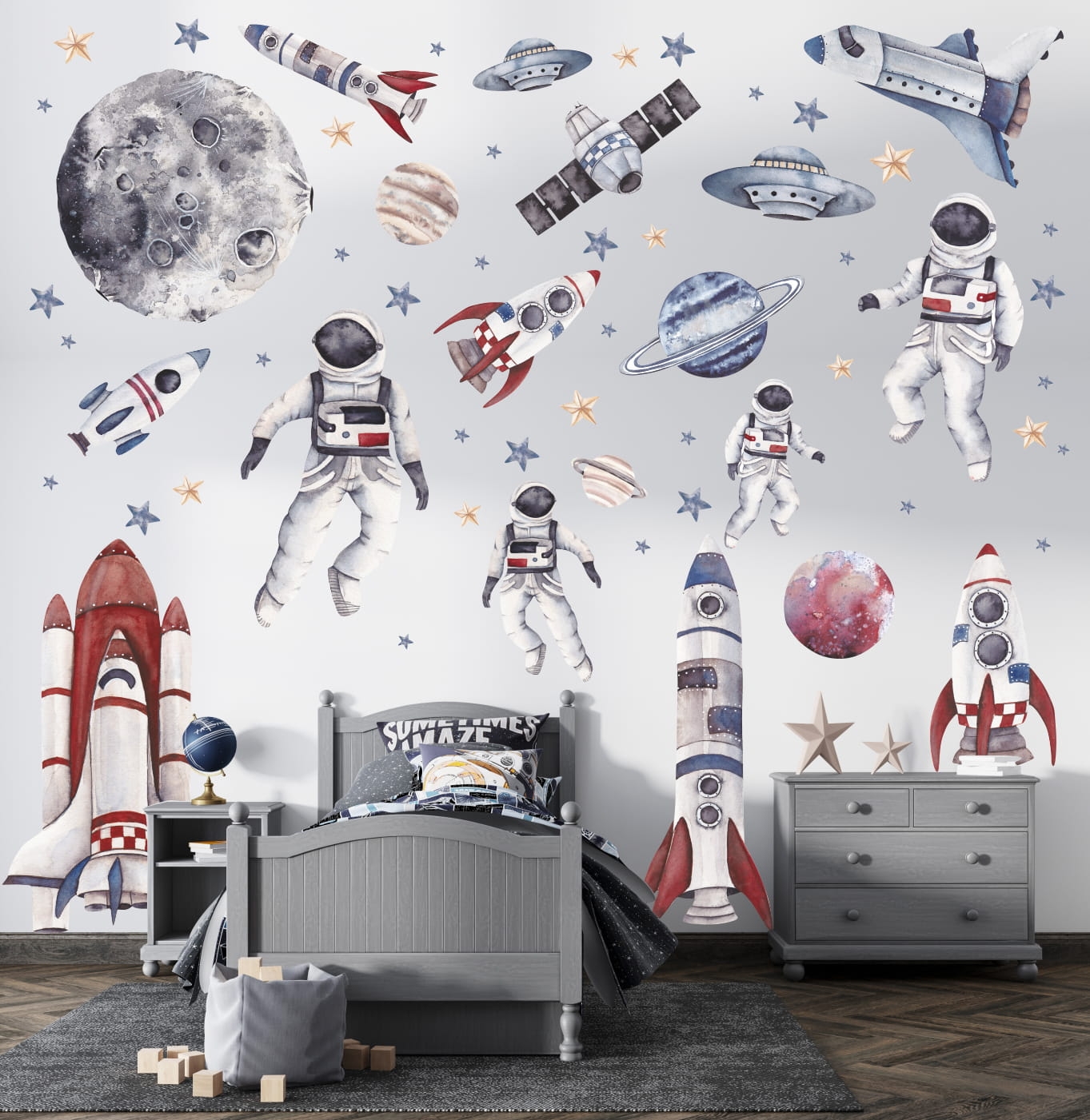 Wandtattoo - Sett med raketter, astronauter, planeter
