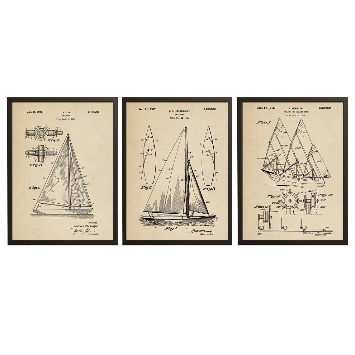 Patentzeichnung Poster - Segelboot Bauplan / Set von 3