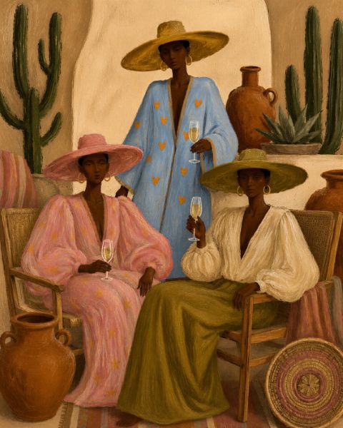 Poster - Elegantes Trio mit Strohhüten