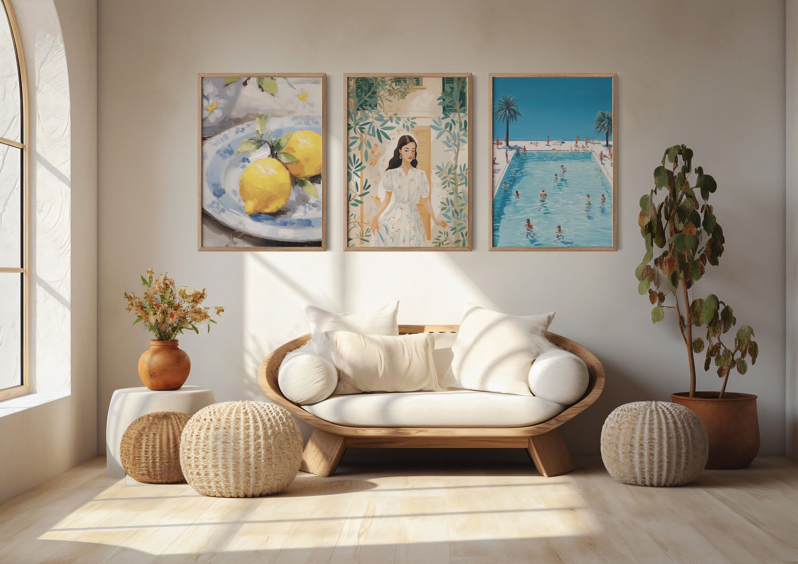 Poster - Ruhiges Schwimmbad und Zitronen / Set von 3