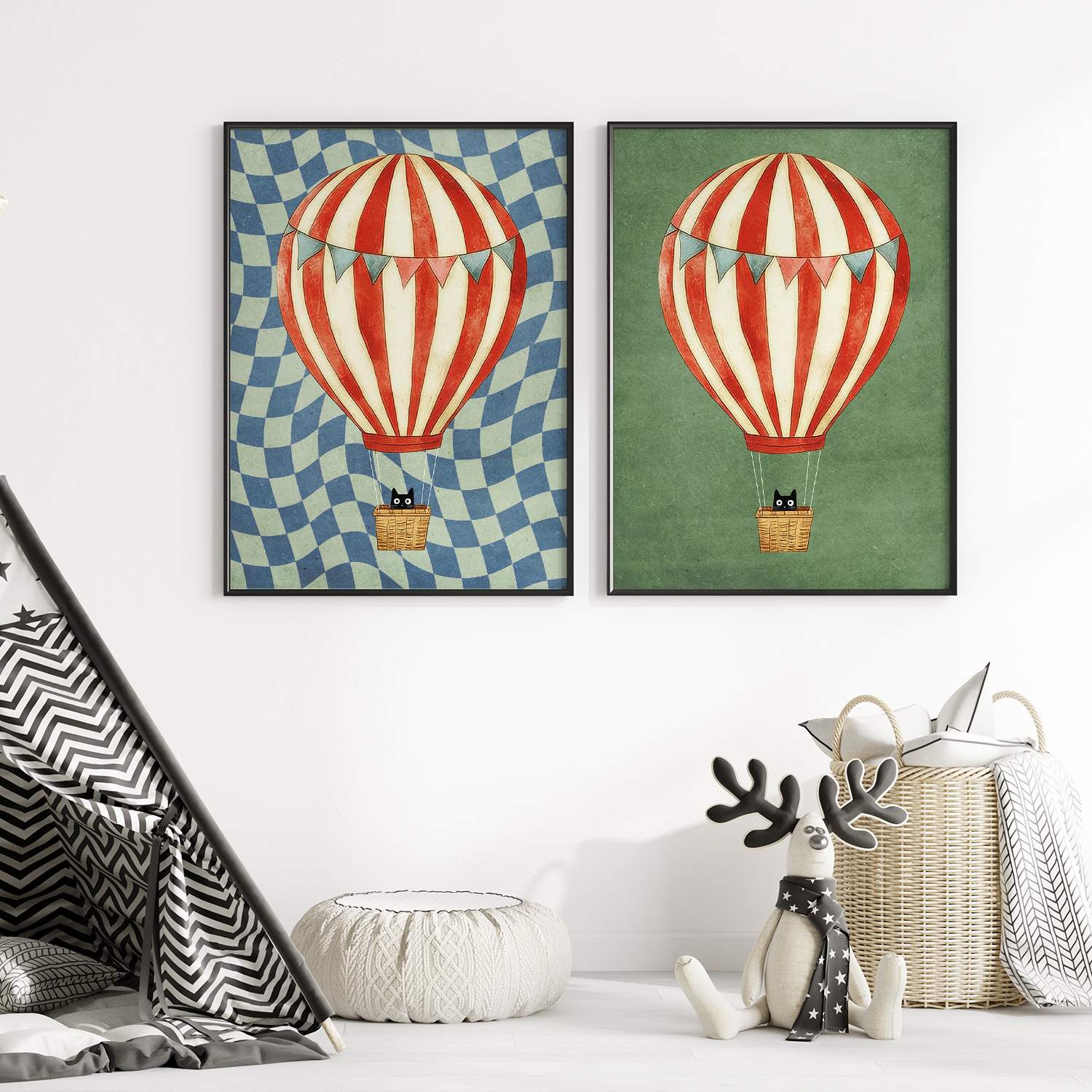 Poster - Heißluftballon Katze / Set mit 2
