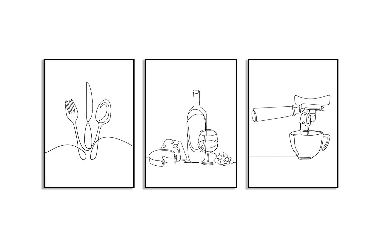 Minimalistische Küchen-Lineart-Poster - Set von 3