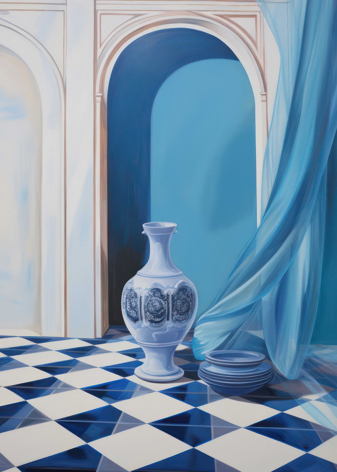 Poster - Blaue Vase und Vorhänge